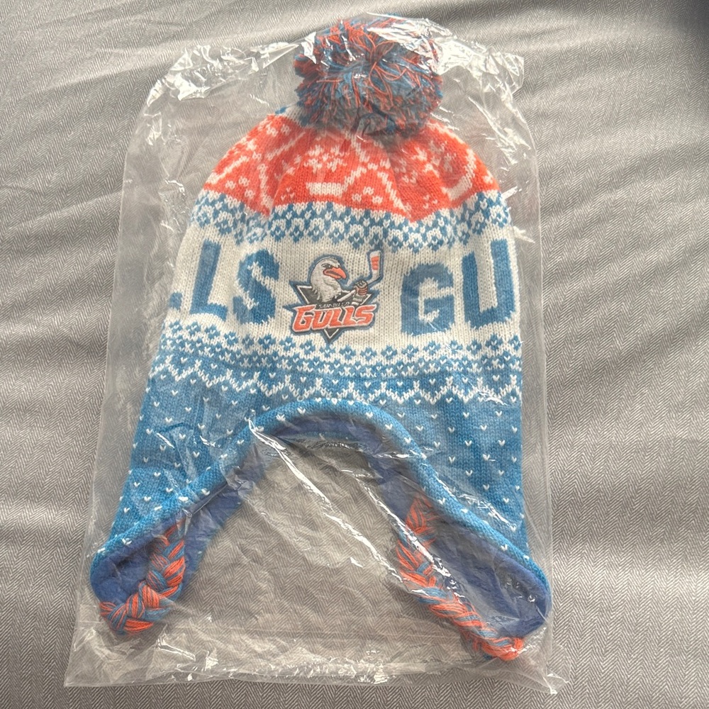 Knit Pom Earflap Hat - Blue & Orange